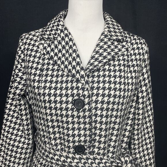 Odyn Womens SM Coat Black White Houndstooth Jacket Wool Blend Retro Glam Classic - Picture 2 of 9